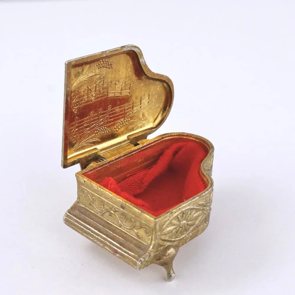 Vintage Mid Century Mini Grand Piano Trinket Box Gold Metal Red Velvet Japan